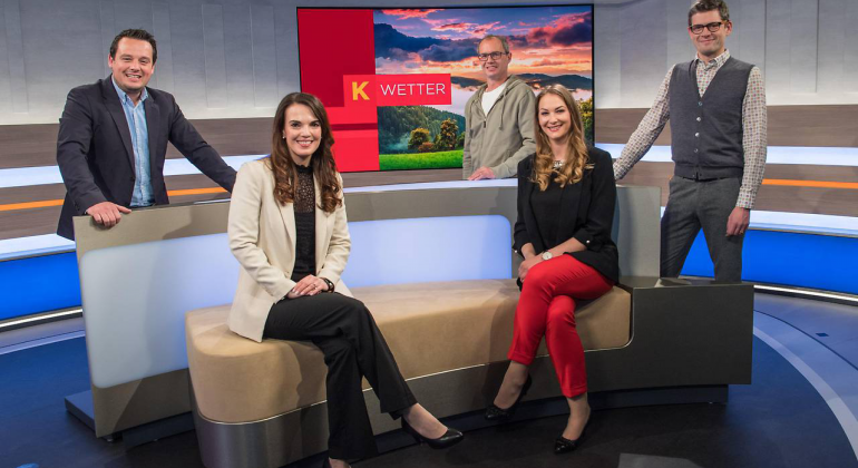 Michael Steuer, Christian Maierhofer, Alexander Tolmaier, Iris Hofmeister und Patricia Jordan präsentieren zukünftig das aktuelle „Kärnten heute“-Wetter (v.l.n.r.) (c) ORF Kärnten