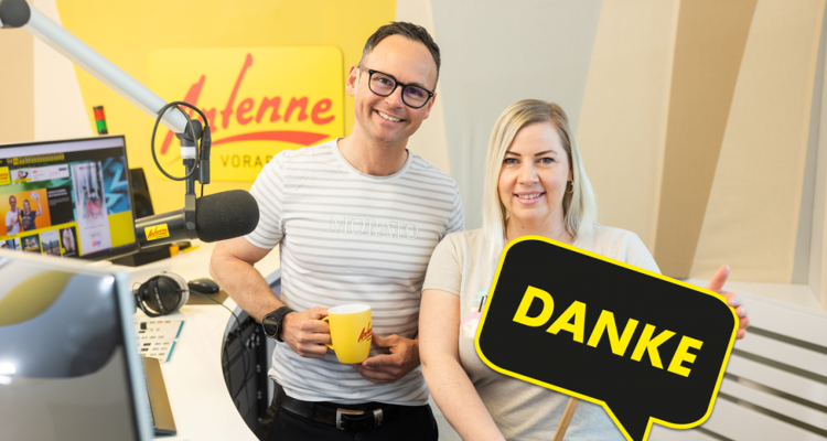 Sandra und Veithi vom Antenne Vorarlberg Frühstücksradio sagen DANKE.