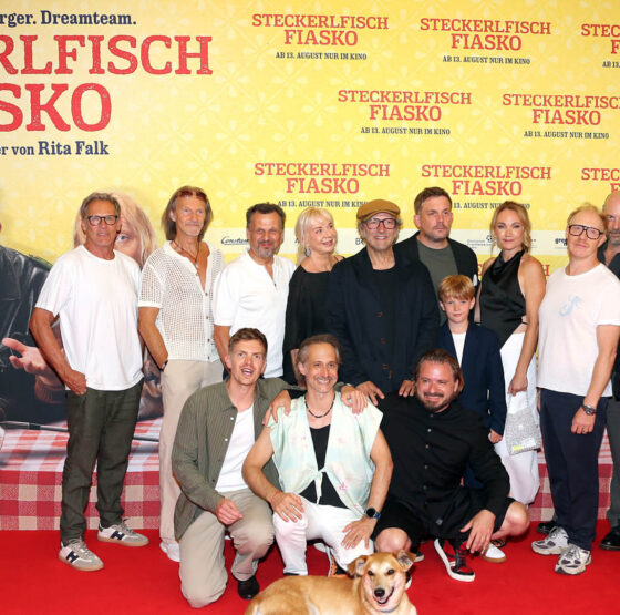 Christian Tramitz, Eisi Gulp, Ferdinand Hofer, Gerhard Wittmann, Rita Falk (Author), Michael Ostrowski, dog Noah ((Hinkelotta)), Max Schmidt, Sebastian Bezzel, Daniel Christensen, Pelle Küffner (Paul), Lisa Maria Potthoff, Simon Schwarz, Stephan Zinner, Thomas Kügel and Castro Dokyi attend the world premiere of "Steckerlfischfiasko" at Mathäser Filmpalast on August 10, 2026 in Munich, Germany.
